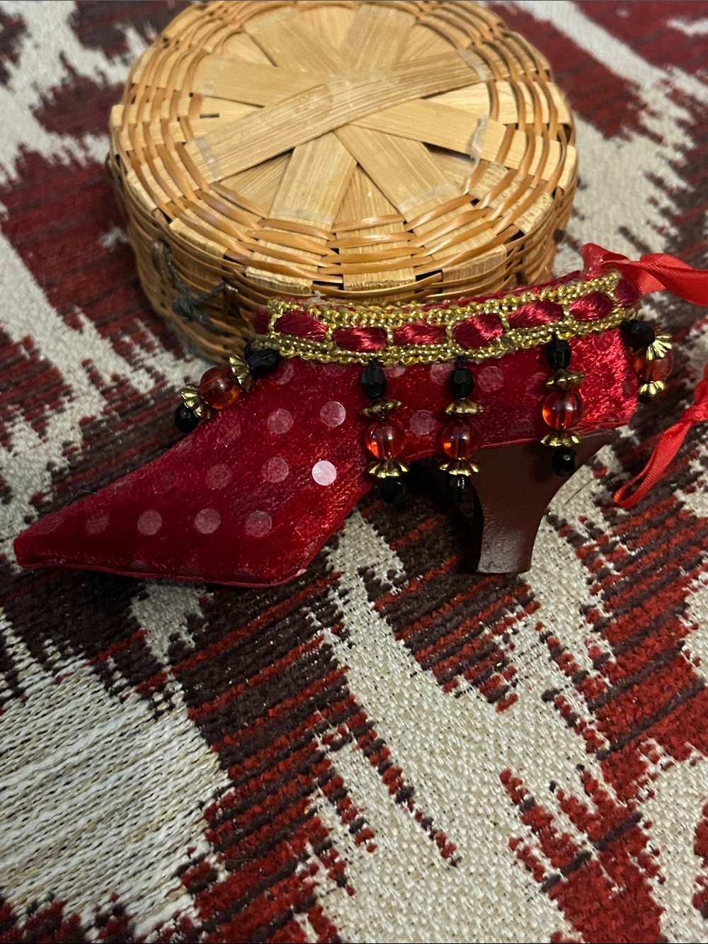 Vintage red velvet High Heel Shoe Christmas ornament Victorian beaded 805